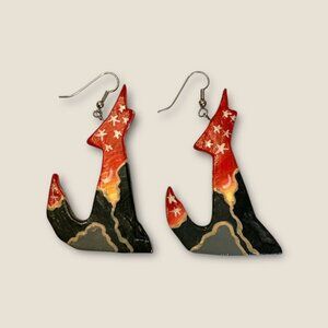 Hand-Painted Wooden Wolf-Themed Earrings With Red & Black Color Scheme
